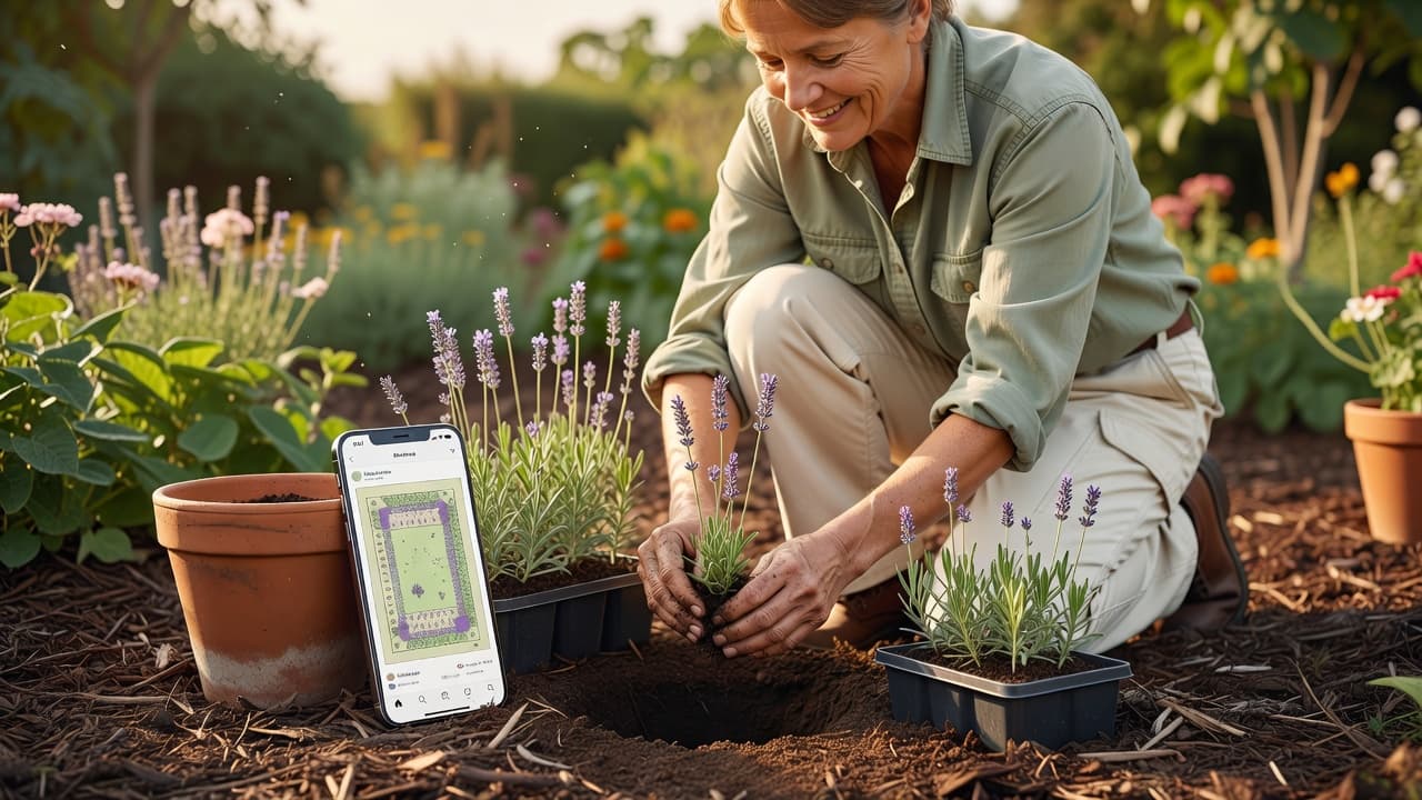 A gardener planting a sunny border by hand with a phone nearby showing the AI garden design plan they are following