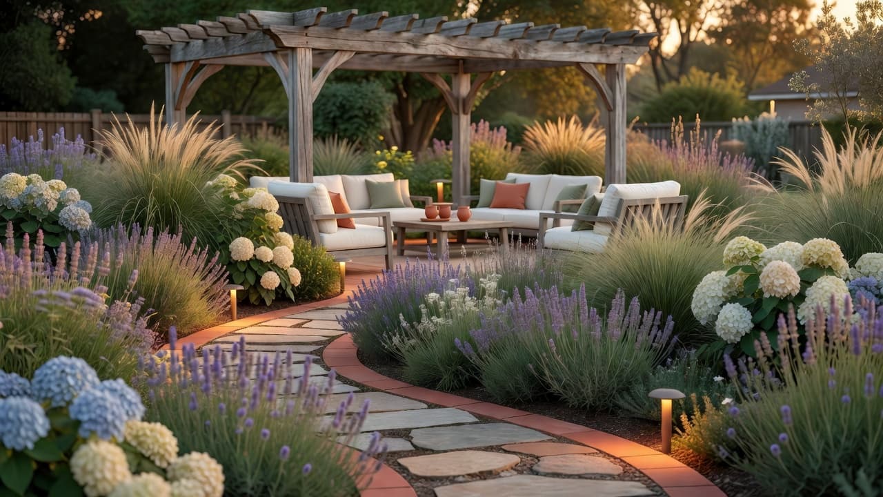 A redesigned suburban backyard at golden hour, the goal whether you choose AI garden design, a landscape designer or DIY