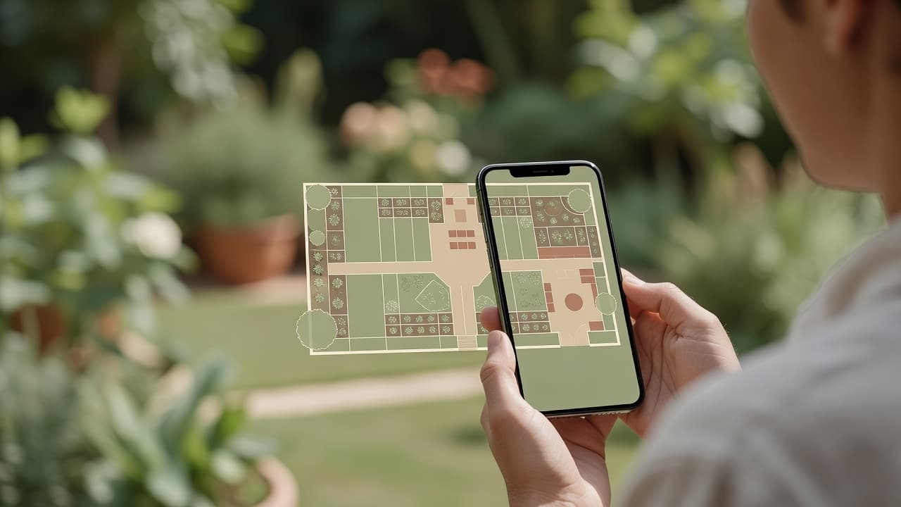 A person using an AI garden planner app on a phone in their garden, the screen showing a labelled layout plan with planting beds and a seating area mapped onto their real space