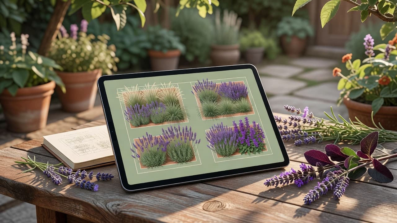 A close-up of an AI garden planner app showing a planting plan with grouped beds of named plants — lavender, ornamental grasses and salvia — laid out across a garden layout