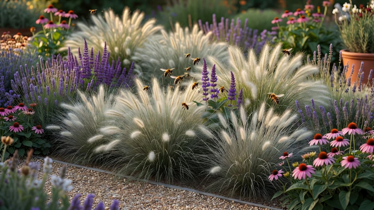 A naturalistic 2026 planting scheme planned with an AI garden planner app: drifts of ornamental grasses, purple salvia, coneflower and English lavender with bees in warm daylight