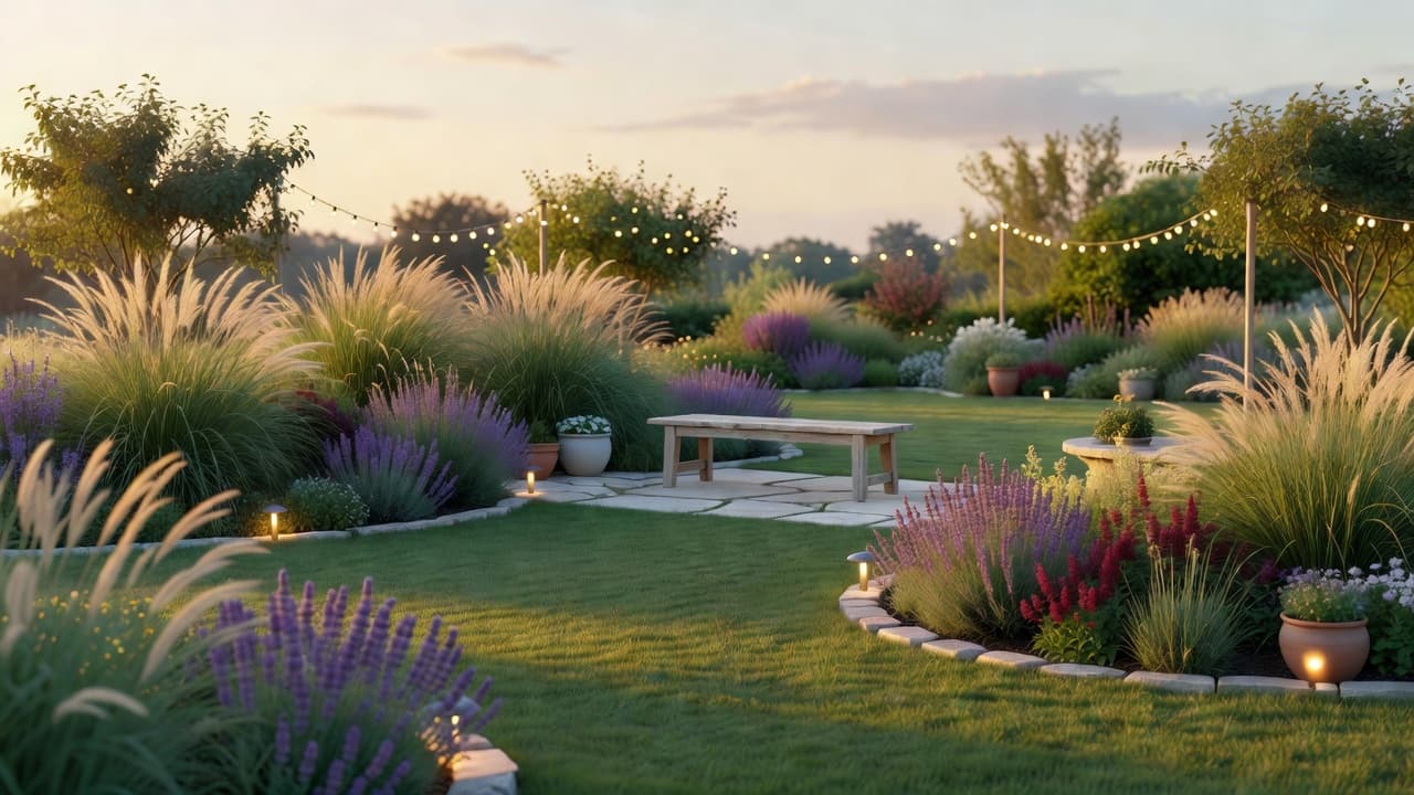 A finished garden first mapped out with an AI garden planner app: curved naturalistic borders, ornamental grasses, a small stone terrace and soft evening lighting at dusk