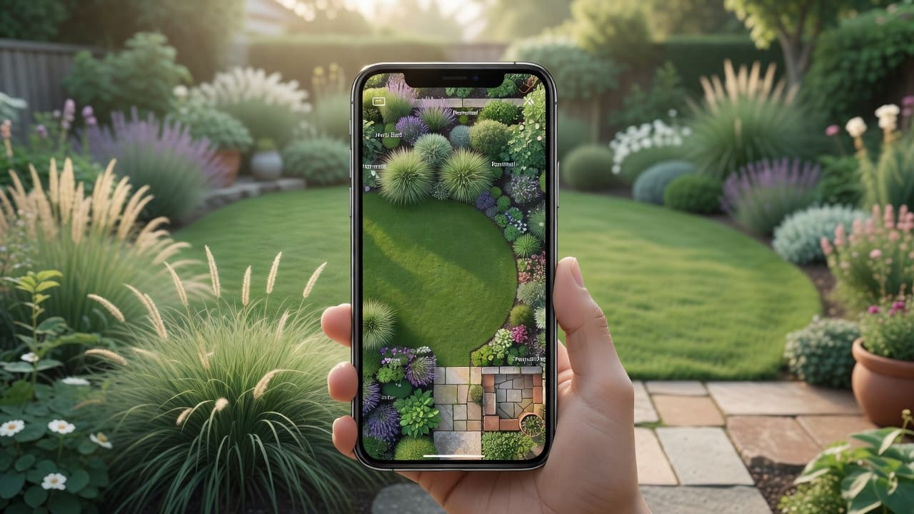 An AI garden planner app open on a phone held in front of a real back garden, the screen showing a finished plan with labelled planting beds, a lawn and a paved seating area