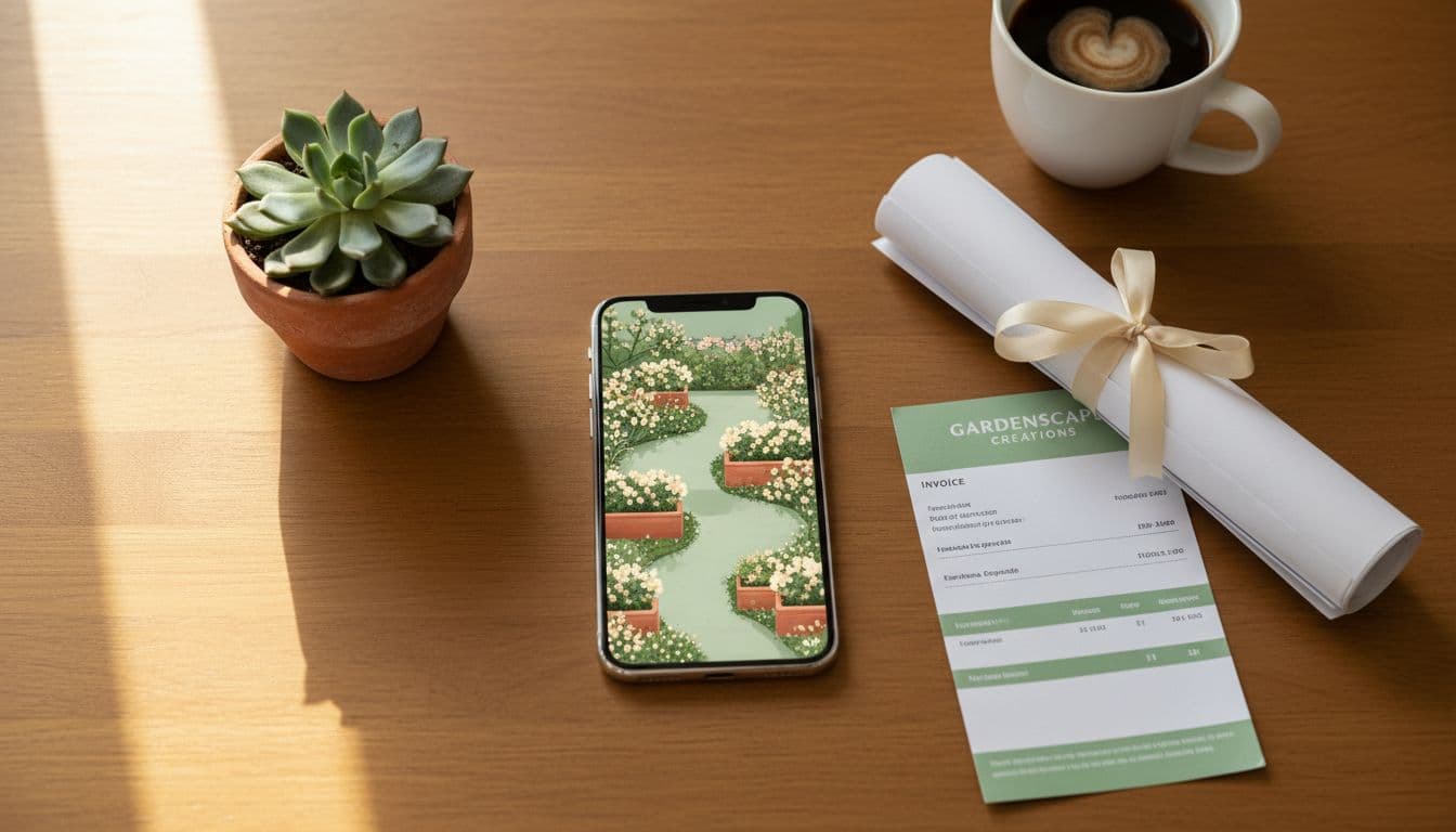 AIガーデンプランナー画面のスマートフォンと、造園家の図面・請求書のスタック
