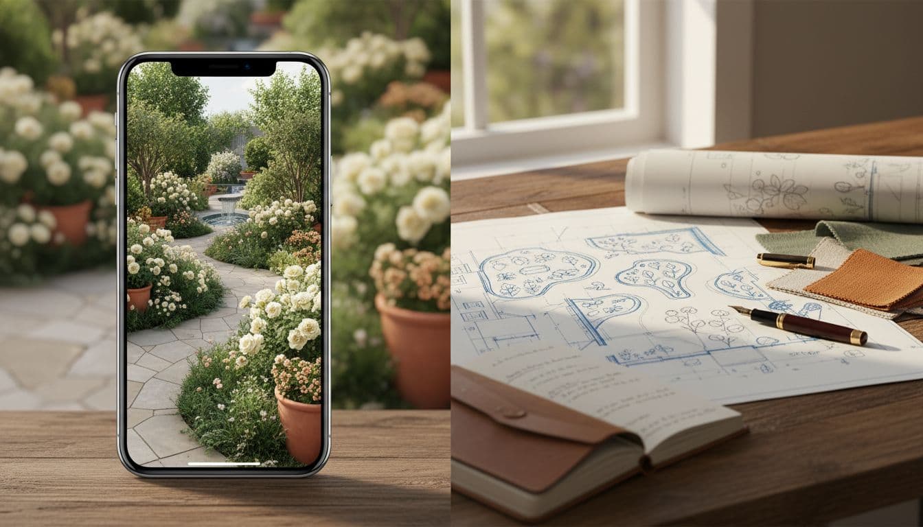 AI garden planner redesign on a phone next to a landscape designer sketching by hand