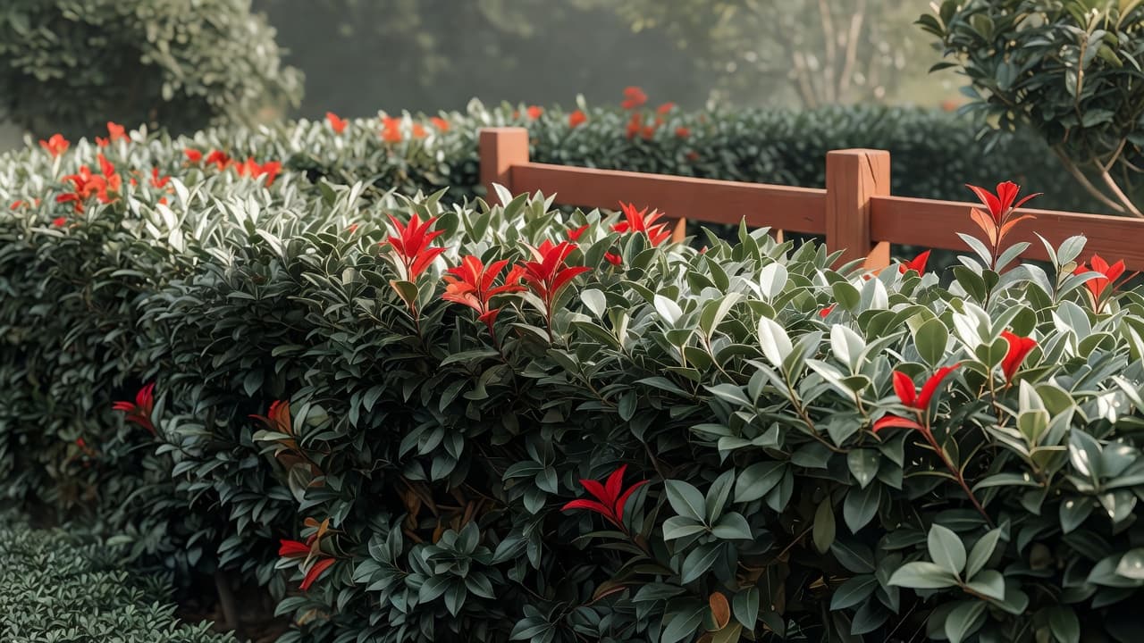 Siepe sempreverde densa di Elaeagnus e Photinia usata come schermatura del giardino lungo una recinzione di confine