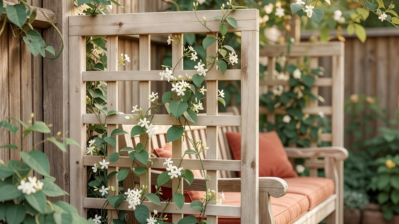 Pannello a grata in legno con gelsomino stellato rampicante usato come schermatura rapida su una recinzione da giardino