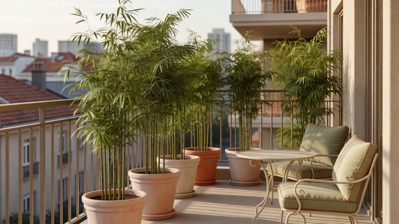 Bambù alto piantato in grandi vasi per la schermatura del giardino su un piccolo balcone