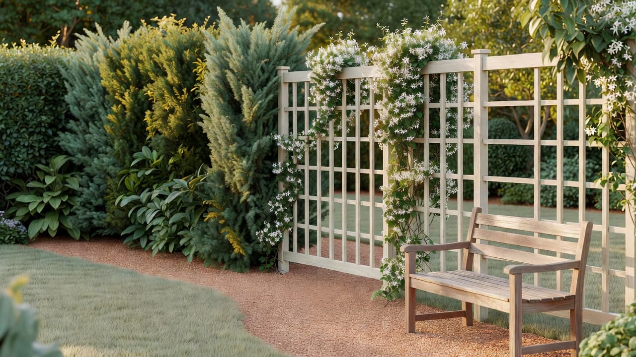 AI garden screening design showing a backyard with a new hedge and trellis privacy screen along the boundary