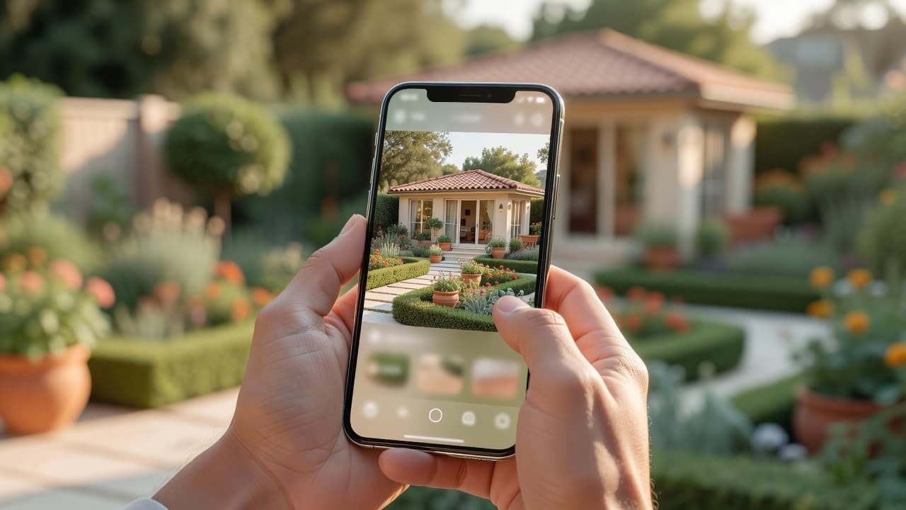 Hands holding a smartphone showing an AI garden shed design redesign of a real backyard