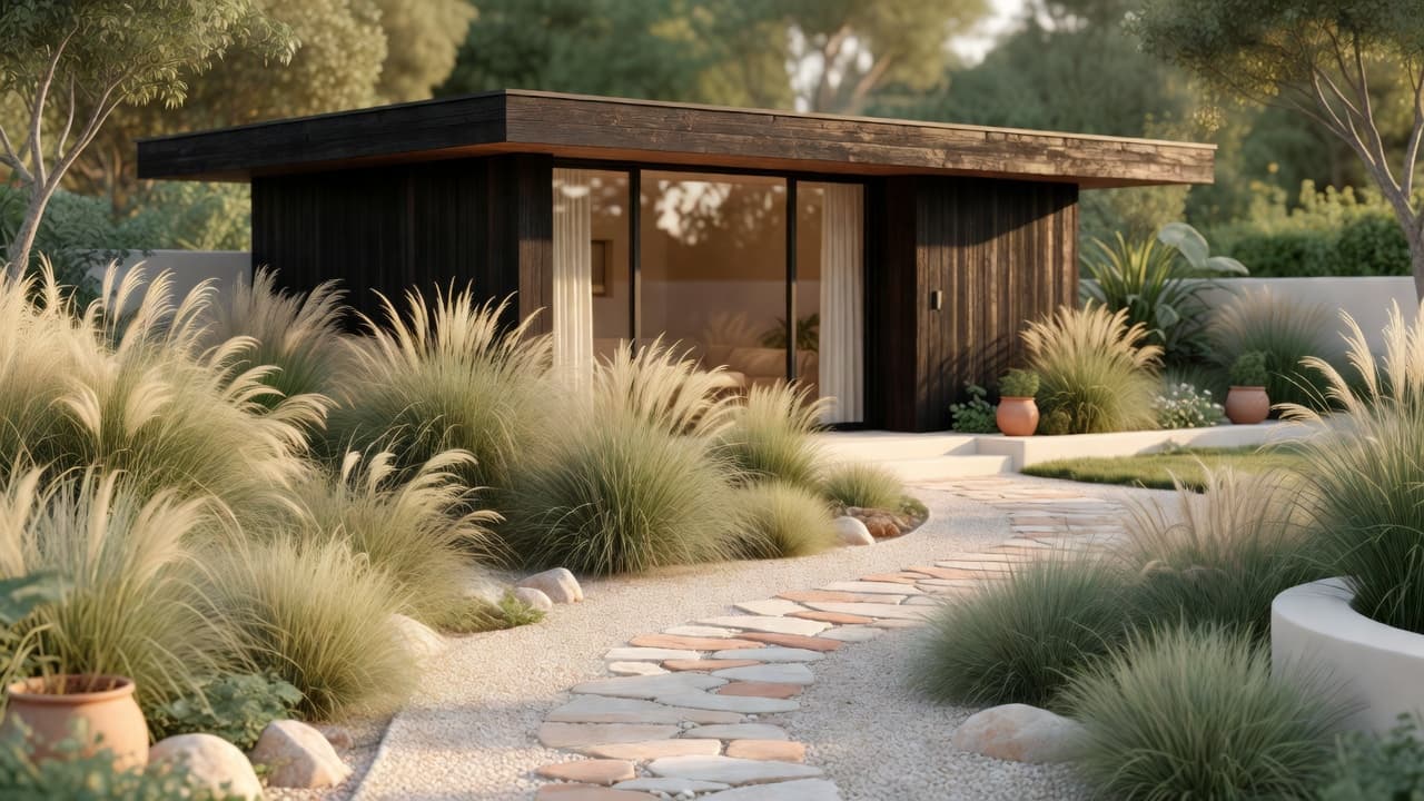 Modern flat-roof garden studio with dark timber cladding shown through AI garden shed design