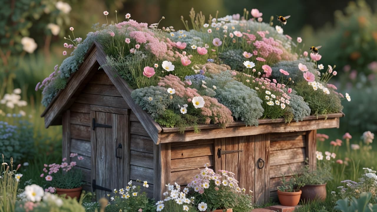AI garden shed design of a garden studio with a sedum green roof for pollinators