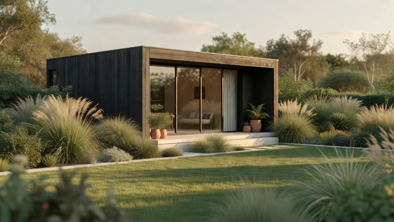AI garden shed design showing a modern garden studio added to a real backyard photo