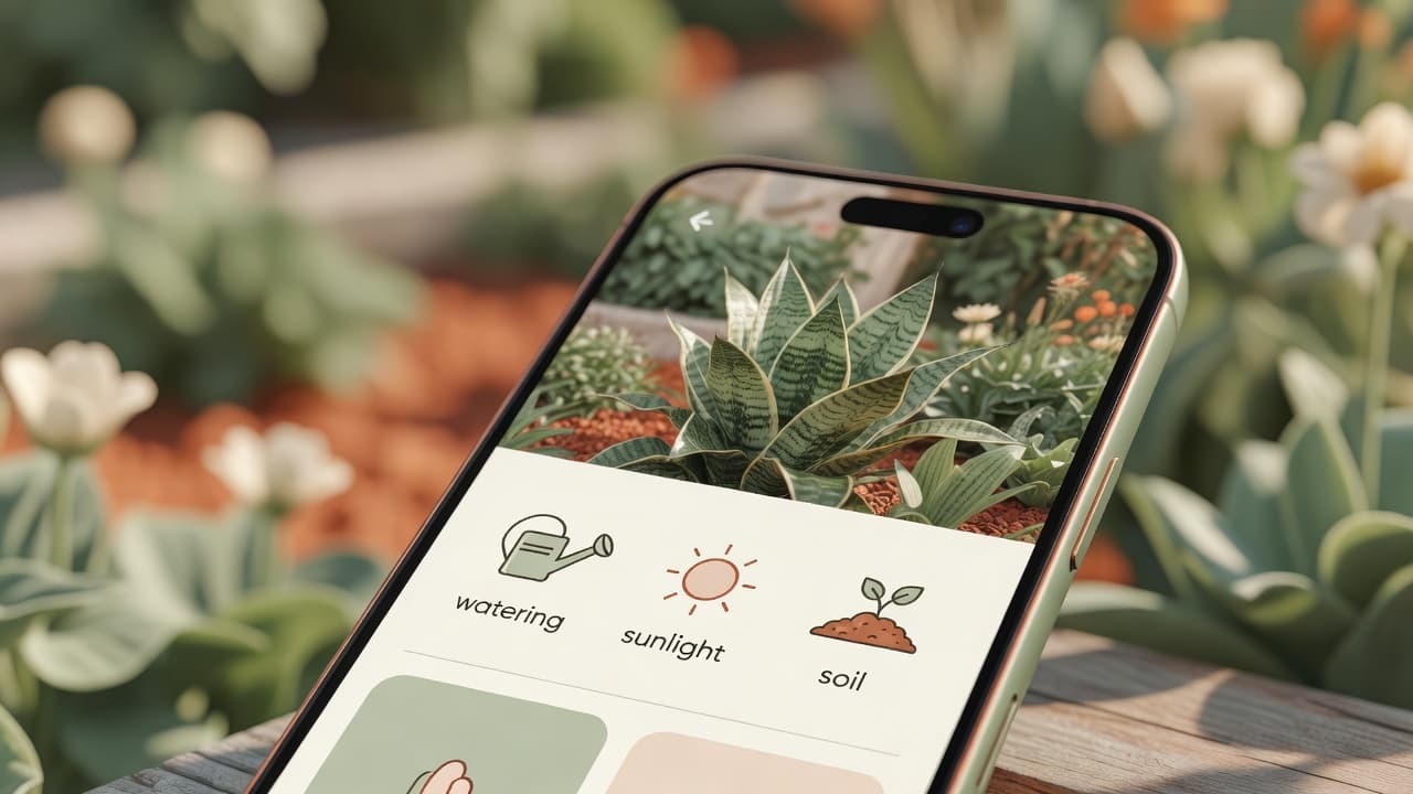 A close-up of a smartphone screen identifying a garden plant and displaying watering, sunlight and soil advice