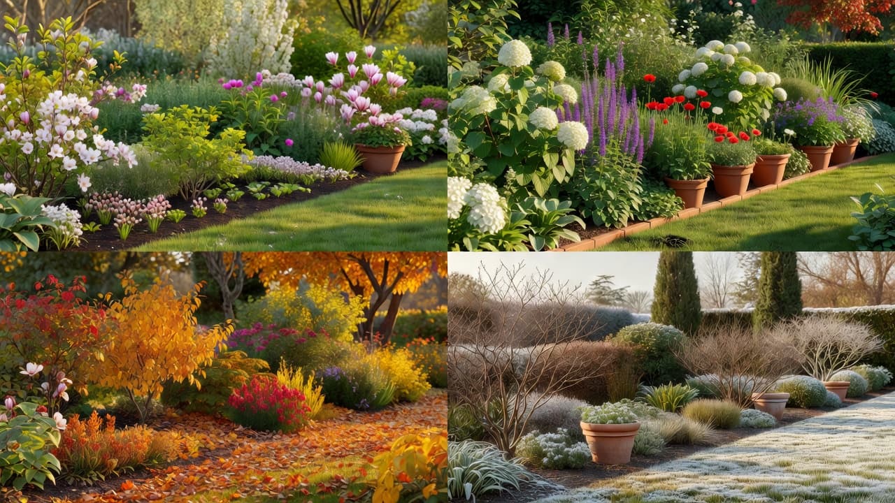 The same garden shown across four seasons: spring blossom, summer fullness, autumn colour and winter structure