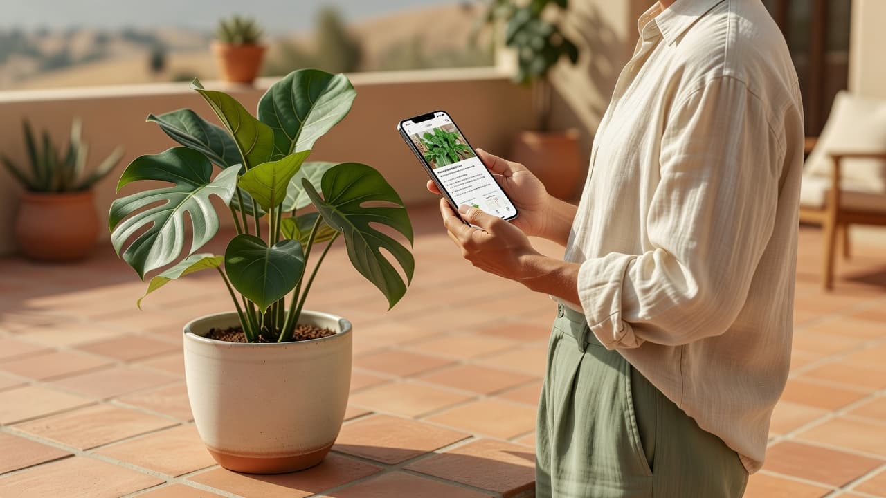 A gardener holding a phone showing plant care information next to a healthy potted plant