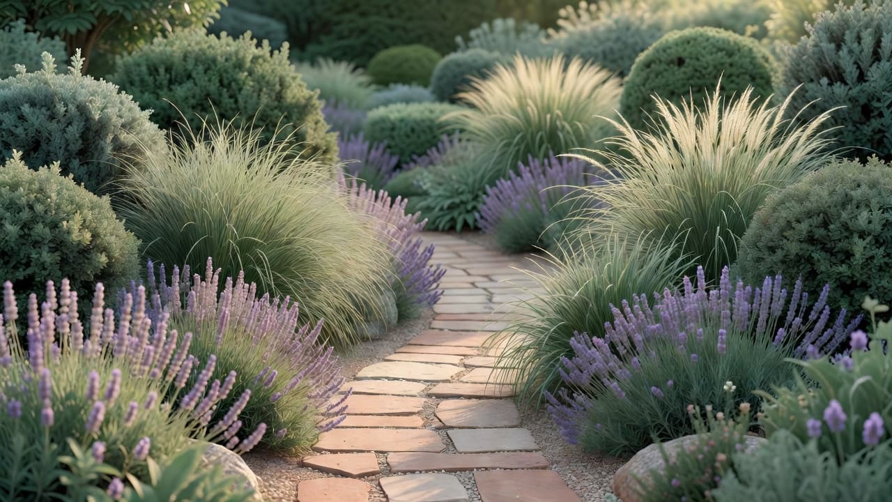 Plan de plantación de una app de diseño paisajista con IA hecho realidad: sendero de piedra natural con lavanda escalonada, gramíneas ornamentales y perennifolias recortadas
