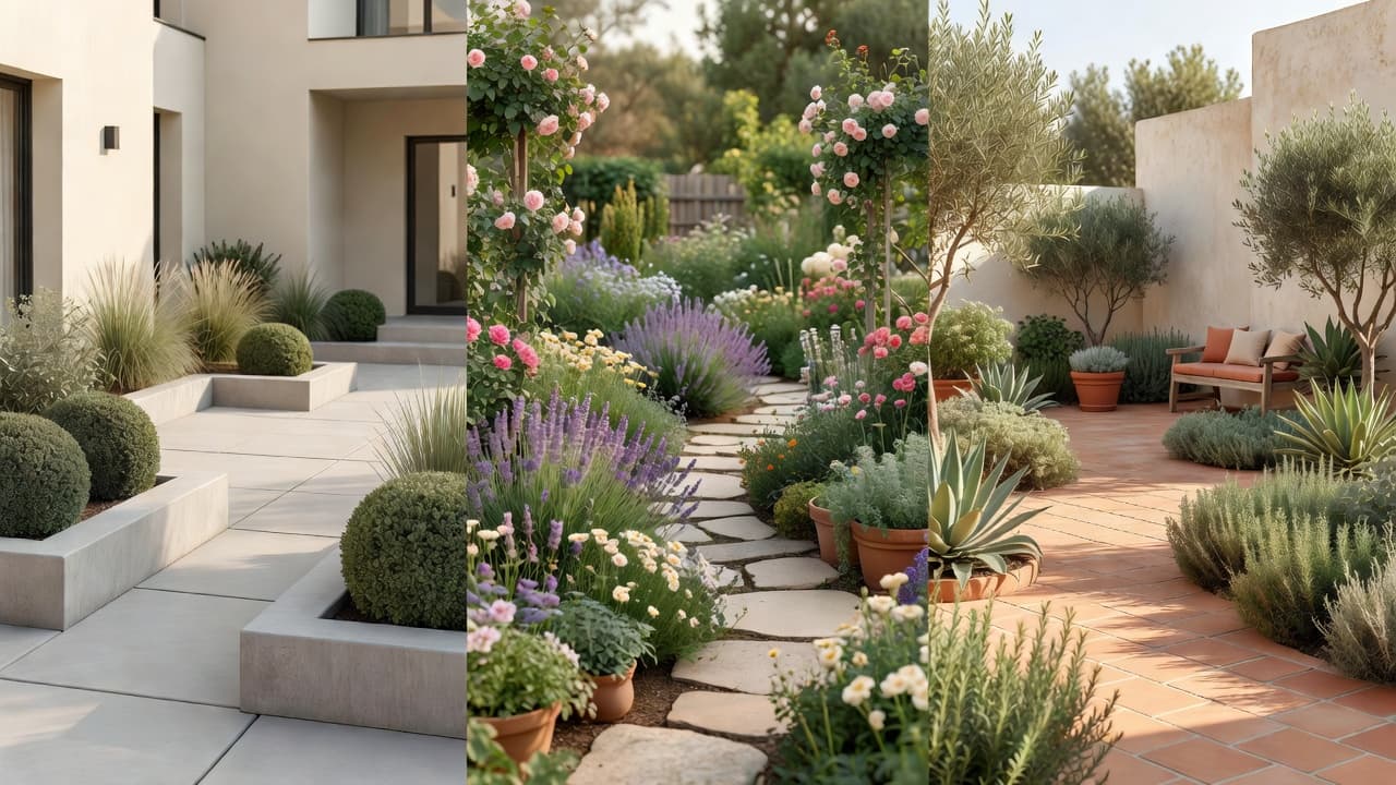 El mismo jardín mostrado en tres estilos paisajistas por una app de diseño paisajista con IA: moderno, cottage y mediterráneo