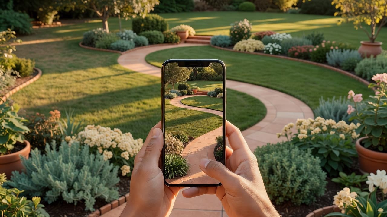 An AI landscape design app open on a phone held in front of a real front yard, the screen showing a photorealistic landscape redesign