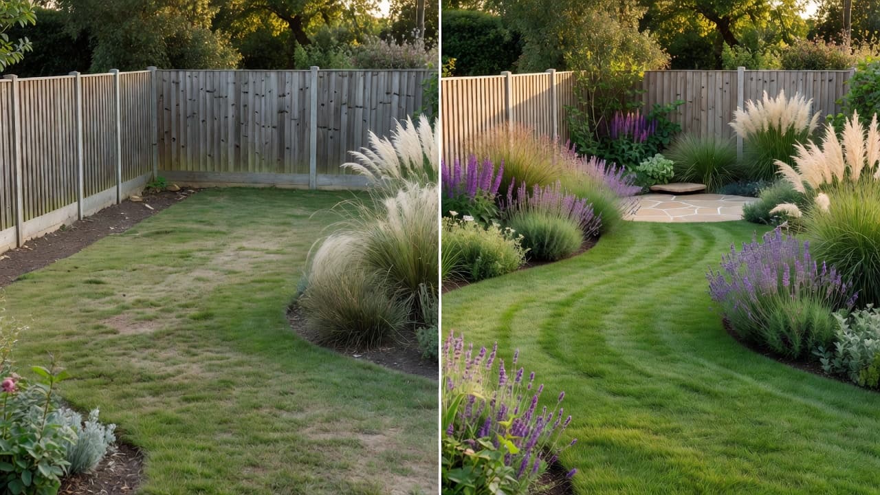 AI landscape design from a photo before and after: a tired lawn-and-fence back garden beside a redesign of the same space with curved planted borders, ornamental grasses and a small paved terrace