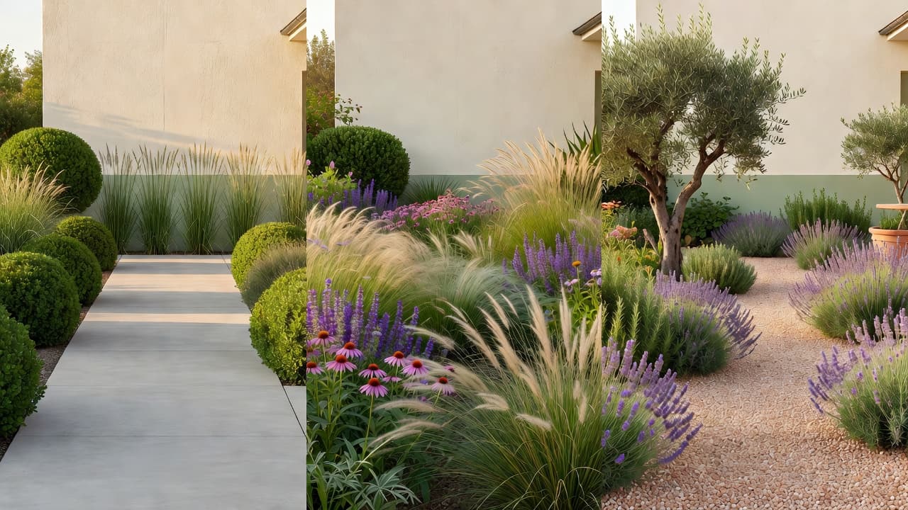 The same back garden redesigned in three styles from one photo: a modern minimalist garden, a naturalistic prairie-style planting, and a Mediterranean gravel garden