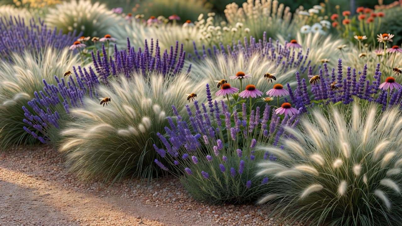 A naturalistic 2026 planting scheme brought to life from a photo: drifts of ornamental grasses, purple salvia, coneflower and English lavender with bees, in warm daylight