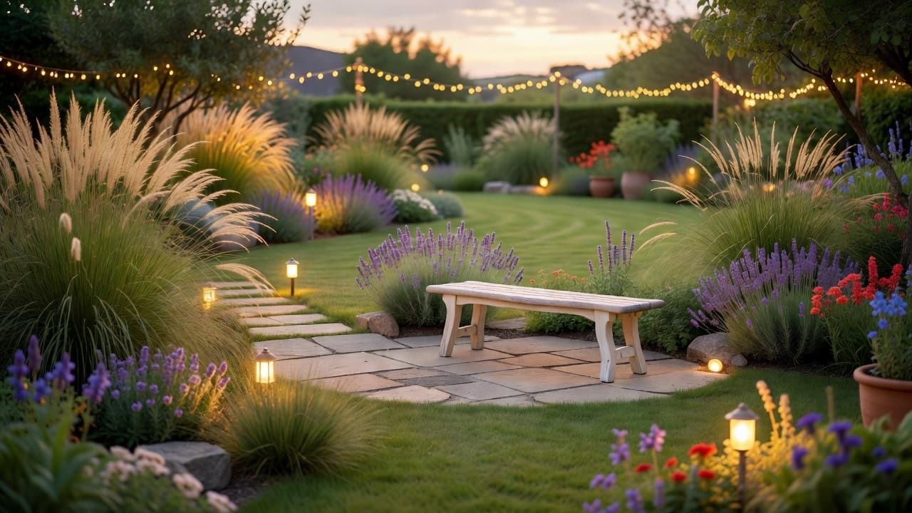 A finished garden designed from a photo with AI: curved naturalistic borders, ornamental grasses, a small stone terrace and soft evening lighting at dusk