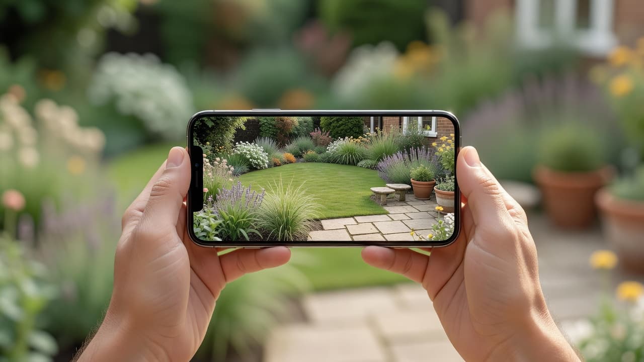 AI landscape design from a photo shown on a phone held over a real back garden, the screen showing a photorealistic redesign of that same yard with new lawn, planted borders and a paved seating area