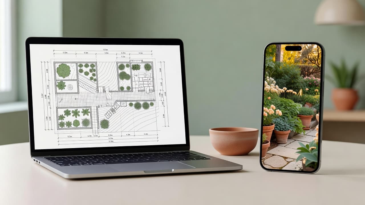 Nebeneinander: ein bemaßter Landschaftsplan auf einem Laptop-Bildschirm und ein fotorealistisches, handybasiertes KI-Gartendesign