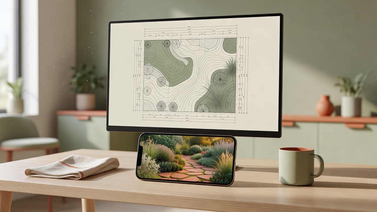 A landscape design plan open on a desktop monitor alongside a photorealistic AI-generated garden image on a phone