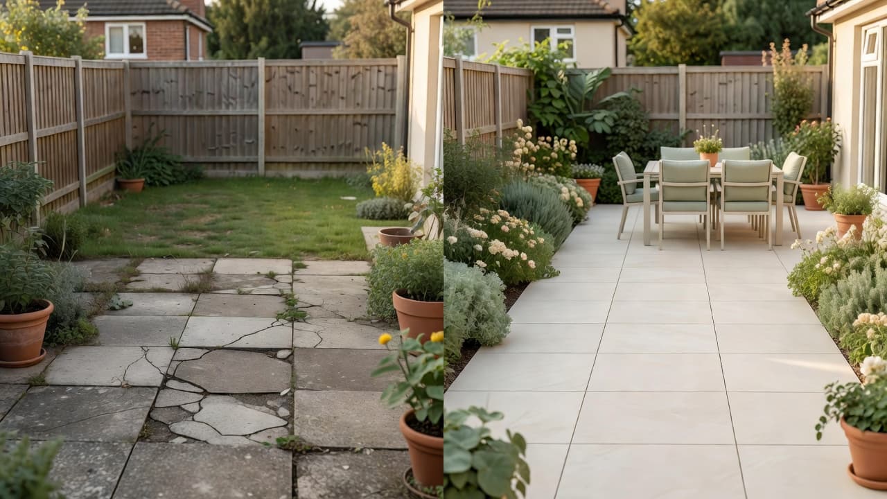 A tired old patio shown beside an AI patio design app redesign of the same space with large-format porcelain paving, a dining set and planted pots