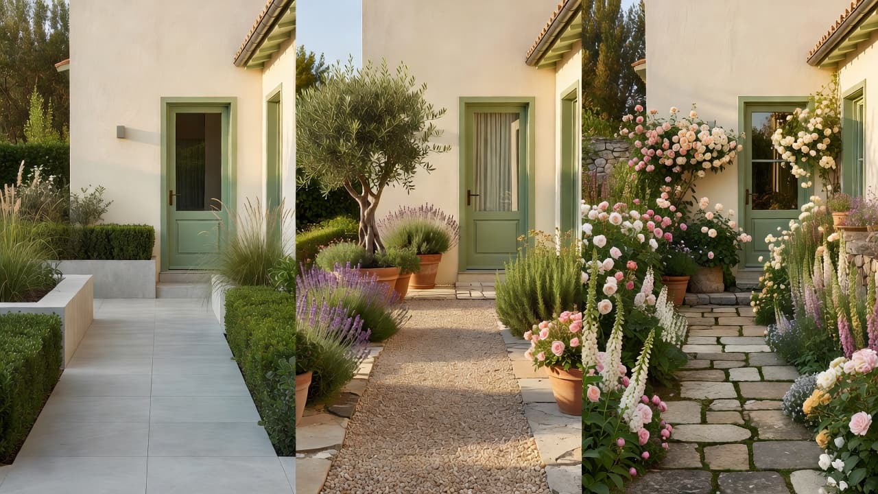 The same patio shown in three styles by an AI patio design app: modern porcelain, Mediterranean gravel-and-stone, and cottage planting