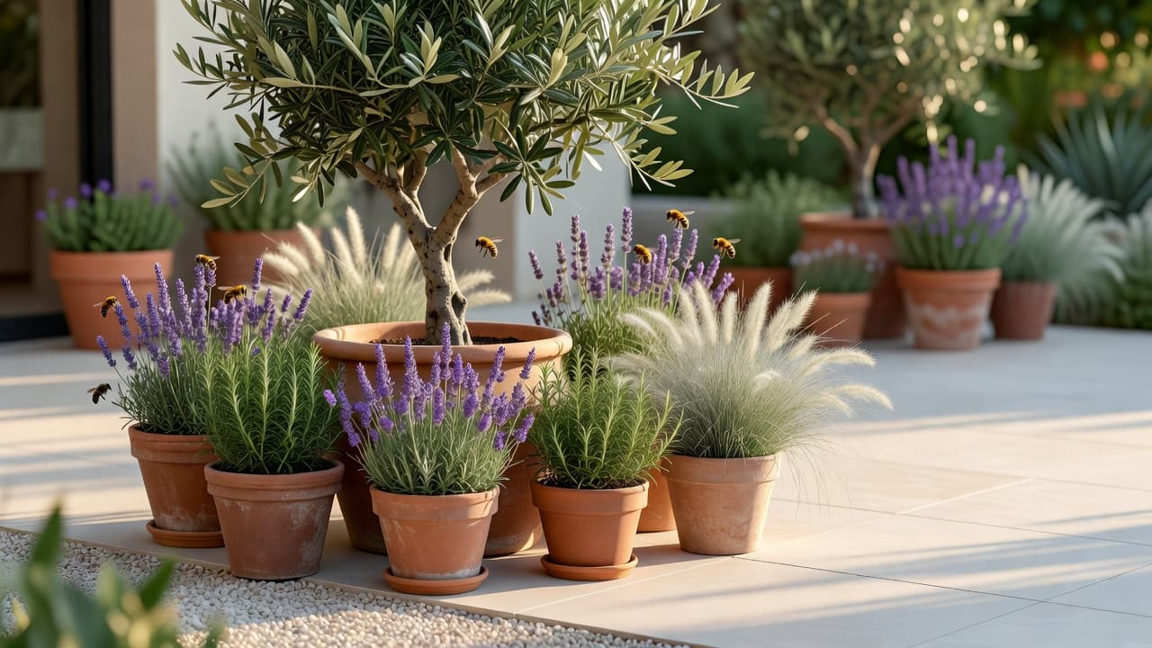 A patio planting plan brought to life: a potted olive tree, lavender and ornamental grasses in terracotta pots on porcelain paving in warm daylight