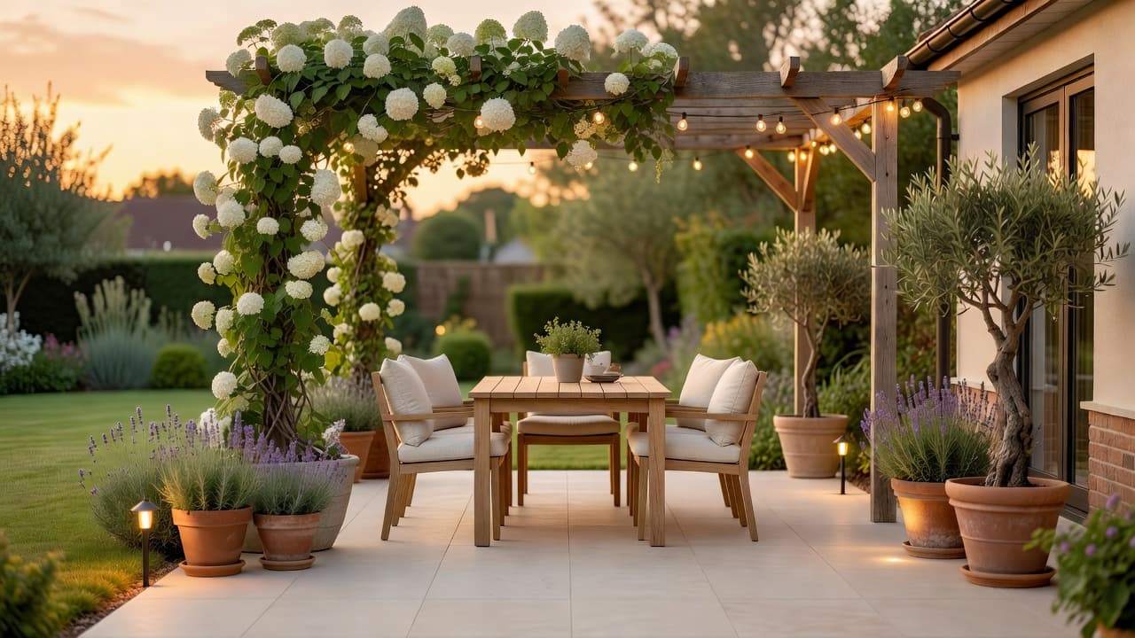 A finished patio designed with an AI patio design app: large porcelain paving, a dining set under a pergola, potted planting and soft lighting at dusk