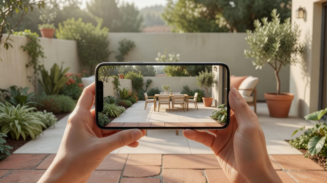 An AI patio design app open on a phone held over a real patio, the screen showing a photorealistic redesign of that same patio with new porcelain paving, a dining set and layered planting