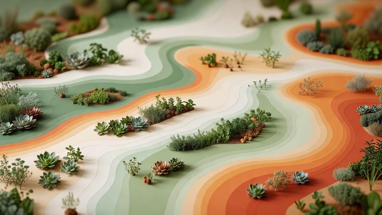 A stylised climate zone map overlaid with sample garden planting appropriate to different zones