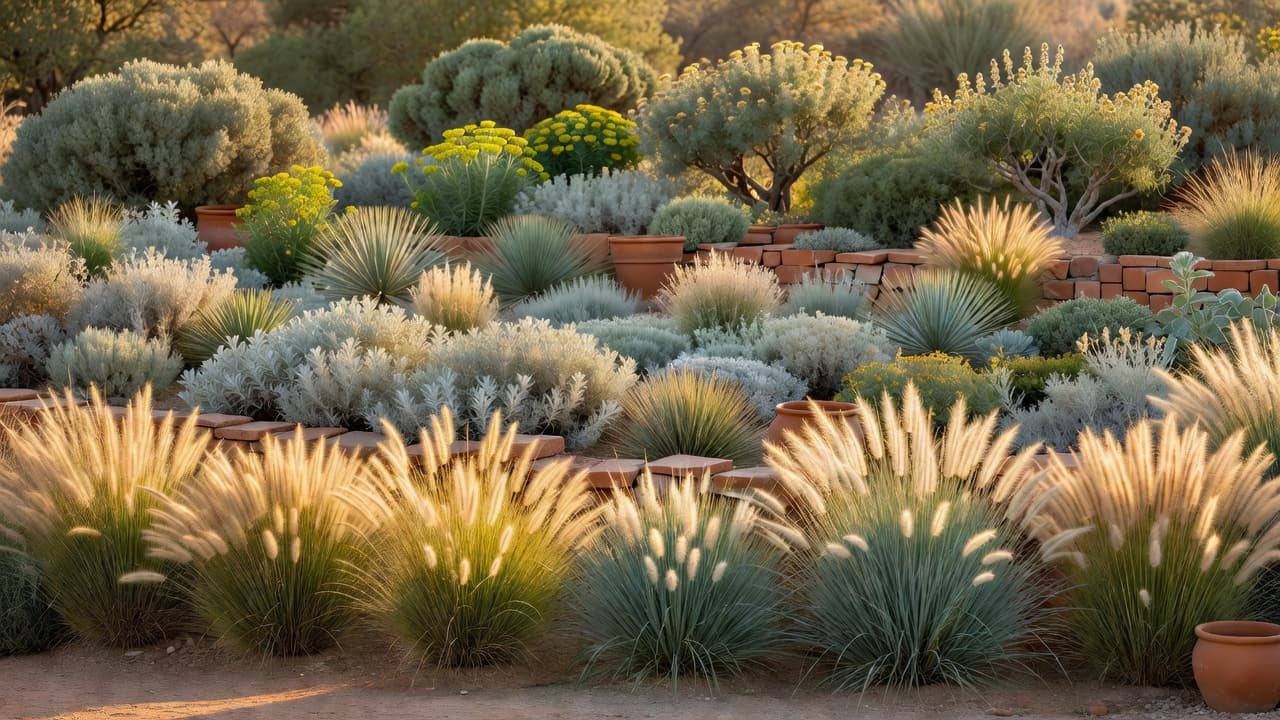 A layered planting scheme in a garden border with drought-tolerant and climate-appropriate species