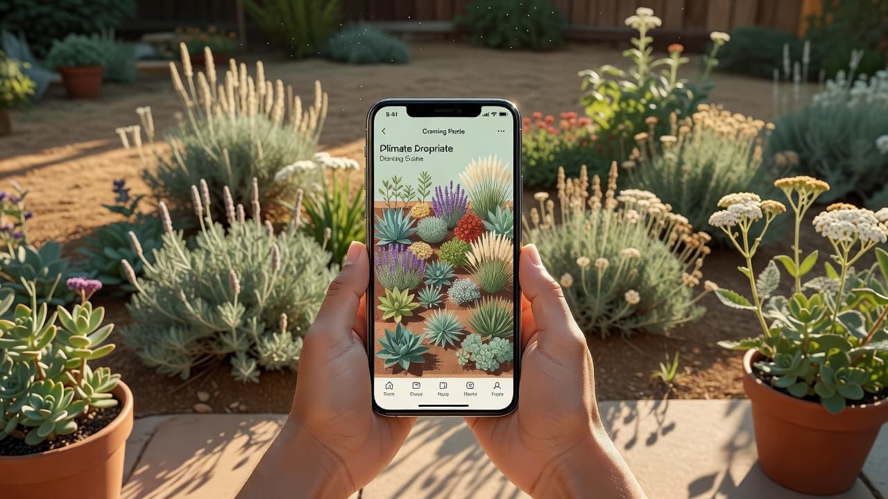 A phone showing an AI garden design with a climate-appropriate planting scheme in a sunny backyard
