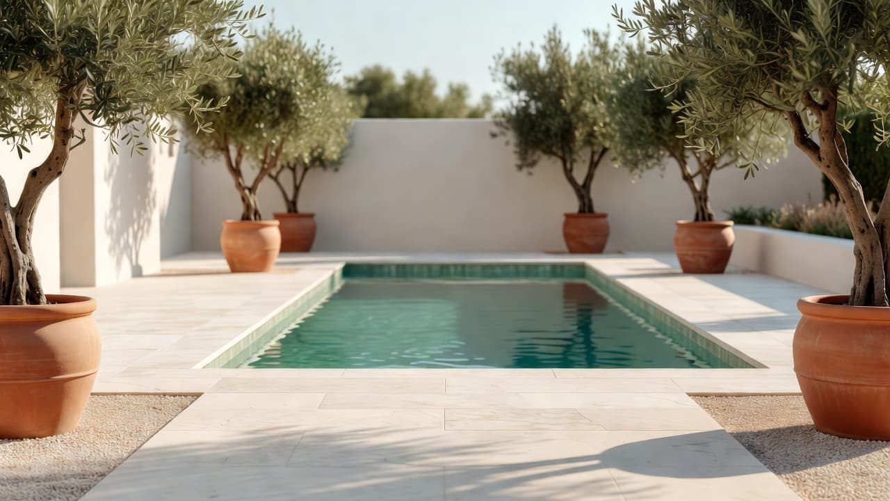 Un’area piscina in stile mediterraneo con pietra chiara, ulivi e ghiaia