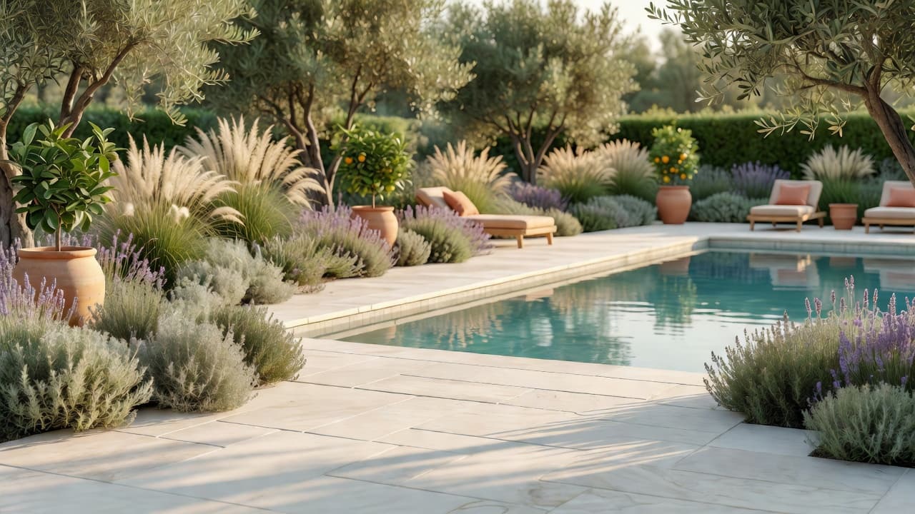 A backyard pool area redesigned for free with AI, showing new paving and poolside planting