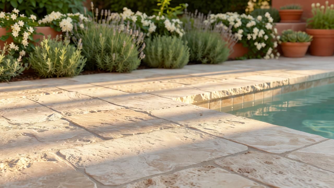 Vergleich von Pool-Terrassenmaterialien mit getrommeltem Travertinbelag und sichtbar rutschfester Textur rund um ein Schwimmbecken
