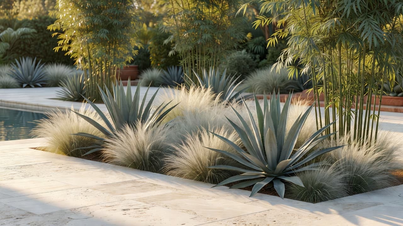 Poolbepflanzung mit Agave, Ziergräsern und horstbildendem Bambus entlang einer Poolterrasse, gewählt wegen geringer Streu und Chlorverträglichkeit