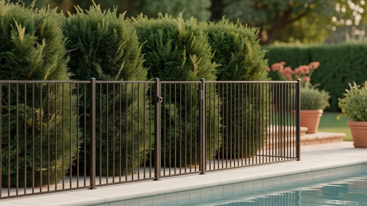 Ein vorschriftsgemäßer Pool-Sicherheitszaun mit dahinter gepflanzter dichter immergrüner Hecke als Sichtschutz rund um einen Pool im Garten