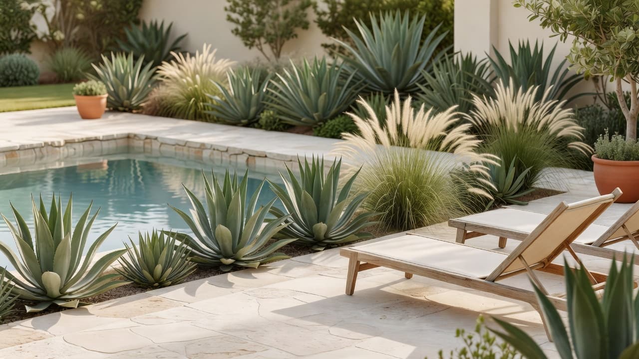 AI pool landscaping design showing a redesigned poolside deck with travertine paving and chlorine-tolerant planting