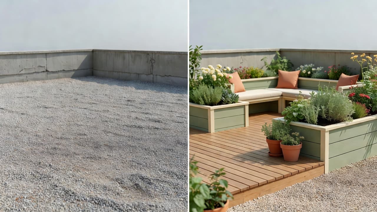 Um telhado plano vazio com lastro de brita mostrado ao lado de um projeto de app de design de terraço na cobertura com IA do mesmo telhado com floreiras elevadas, um deck de madeira e uma área de estar