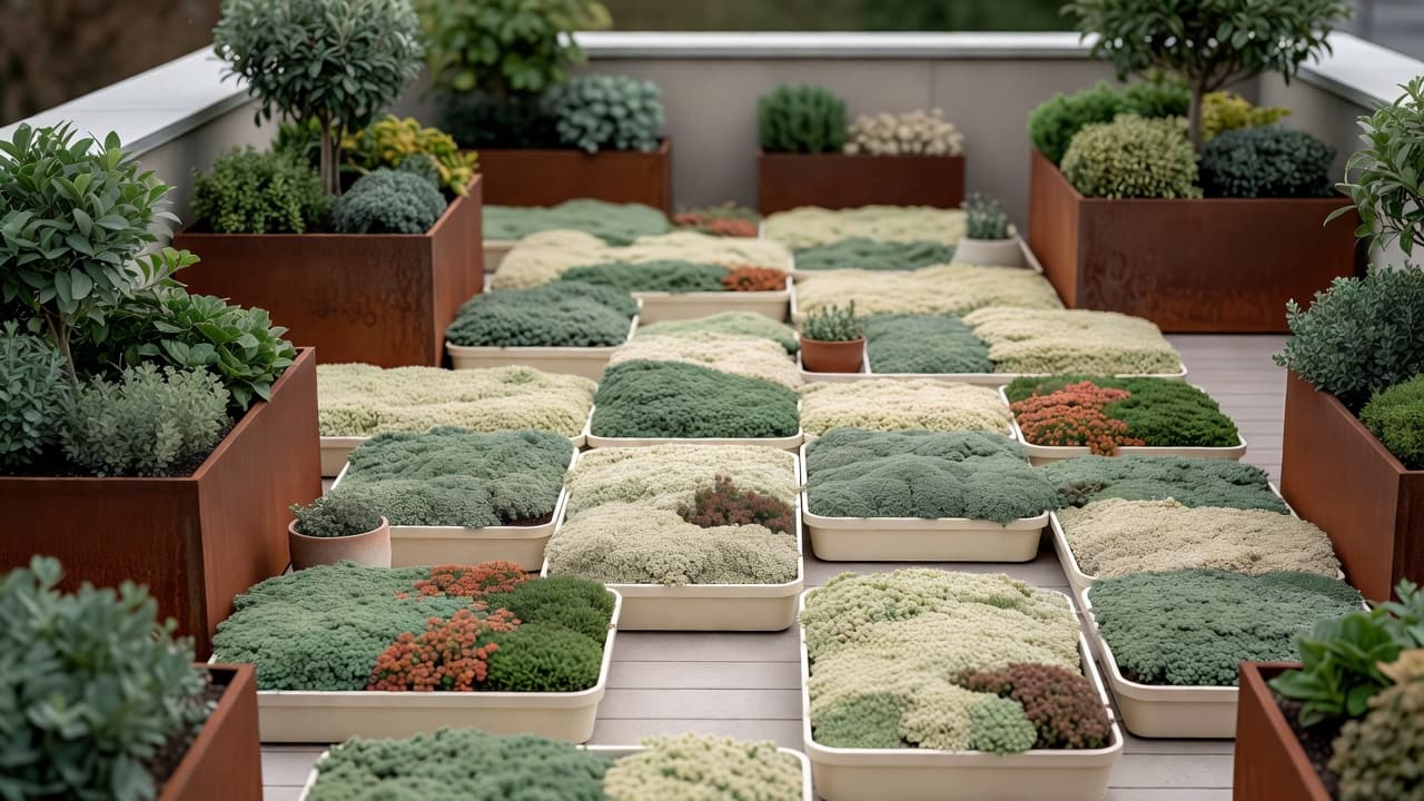 Um diagrama de layout de terraço na cobertura sobreposto a uma foto real do telhado, mostrando floreiras elevadas mais pesadas posicionadas perto da parede perimetral estrutural e bandejas modulares leves espalhadas pela área aberta