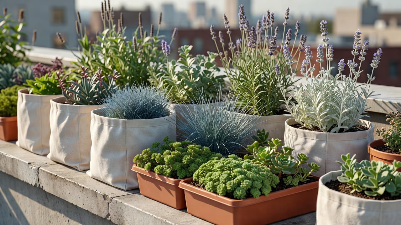 Um plano de plantio para terraço na cobertura em execução: sacos de cultivo leves em tecido e bandejas modulares de sedos, festuca azul, lavanda e sálvia-russa ao longo de um parapeito ensolarado