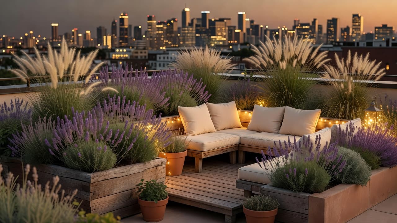 Um jardim na cobertura finalizado projetado com um app de design de terraço na cobertura com IA: floreiras elevadas de madeira com lavanda e gramíneas ornamentais, um deck de madeira, uma pequena área de estar e vista do horizonte ao entardecer