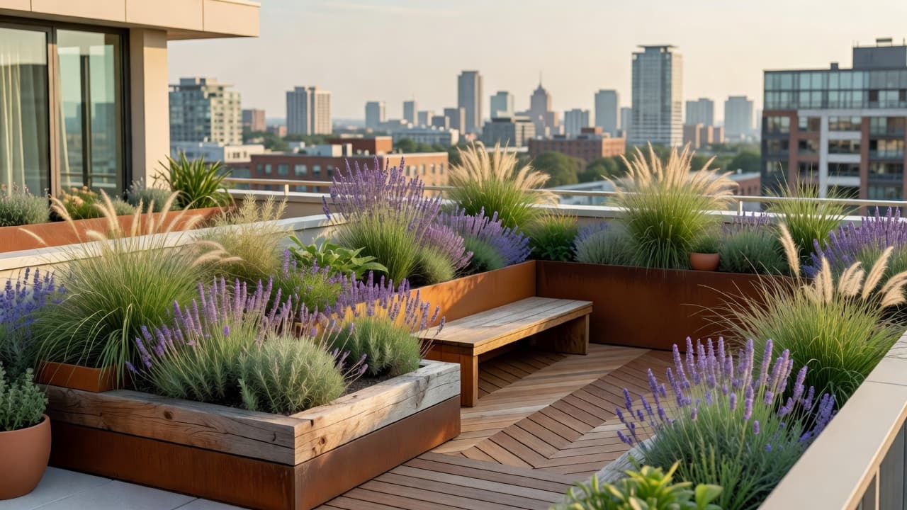 AI rooftop garden design app open on a phone held above a real rooftop terrace, the screen showing a photorealistic redesign of that same roof with raised planters, wind-tolerant grasses and a seating area