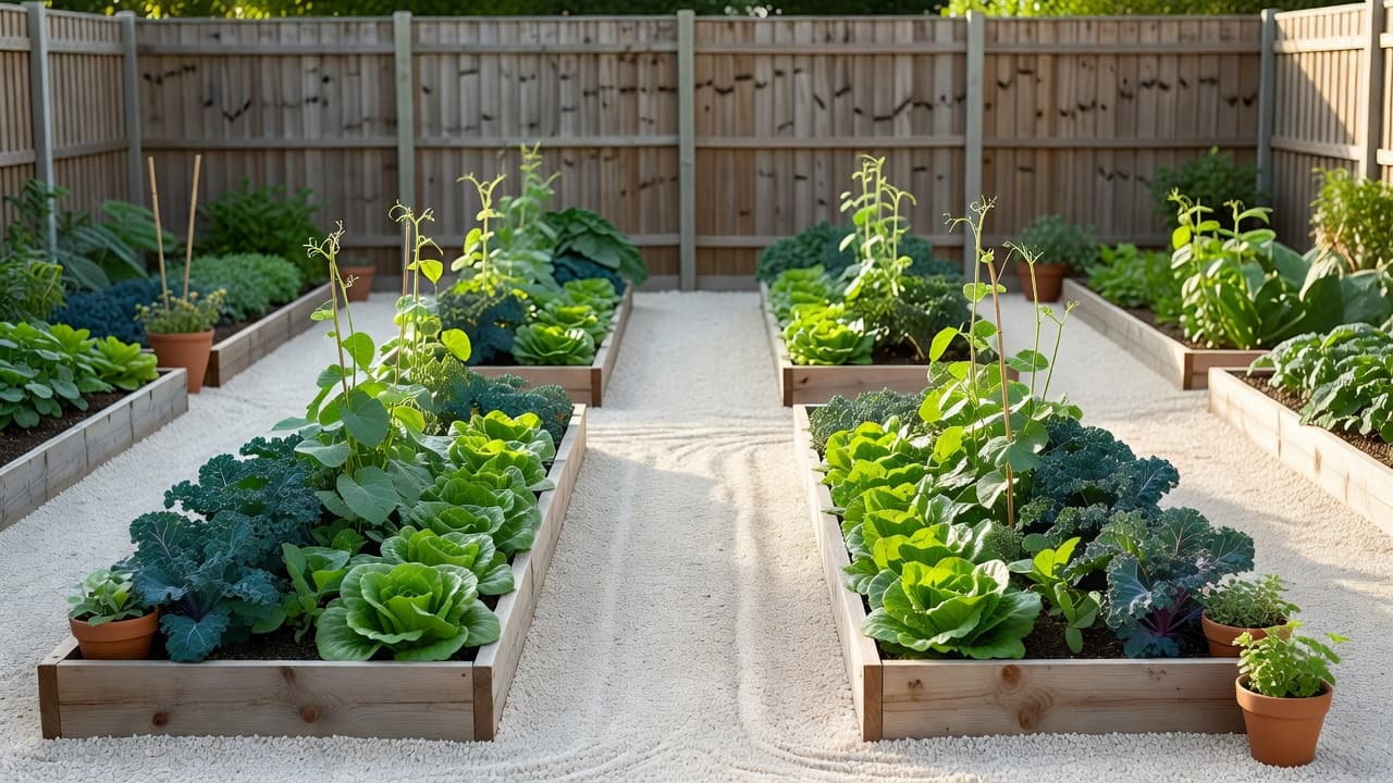 KI-Gemüsegarten-Planer-Layout aus 1,20 m breiten Hochbeeten mit klaren Wegen dazwischen, bepflanzt mit Salat, Grünkohl und Bohnen in einem echten Hintergarten